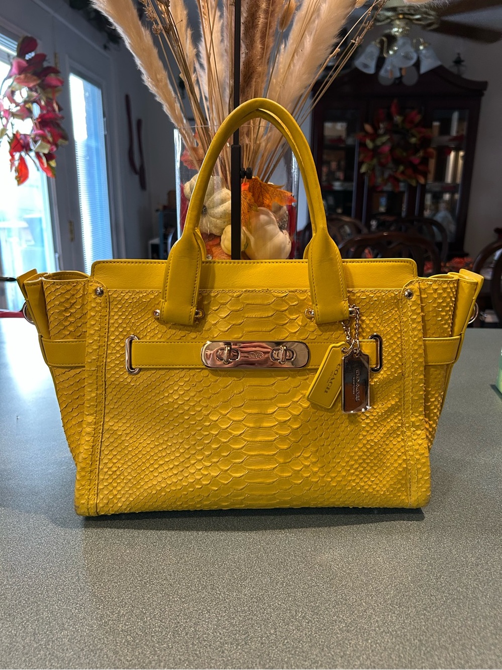 Coach Yellow Python-Embossed Leather Satchel